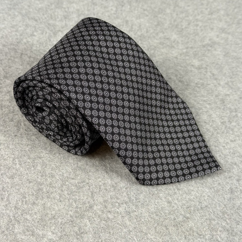 Battistoni Roma Italy 100% Silk Tie Black Silver Geometric Floral 58x3.25"